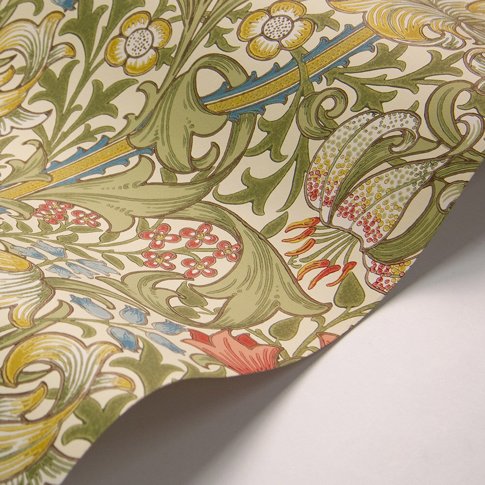 Golden Lily Wallpaper - Green / Red - by Morris