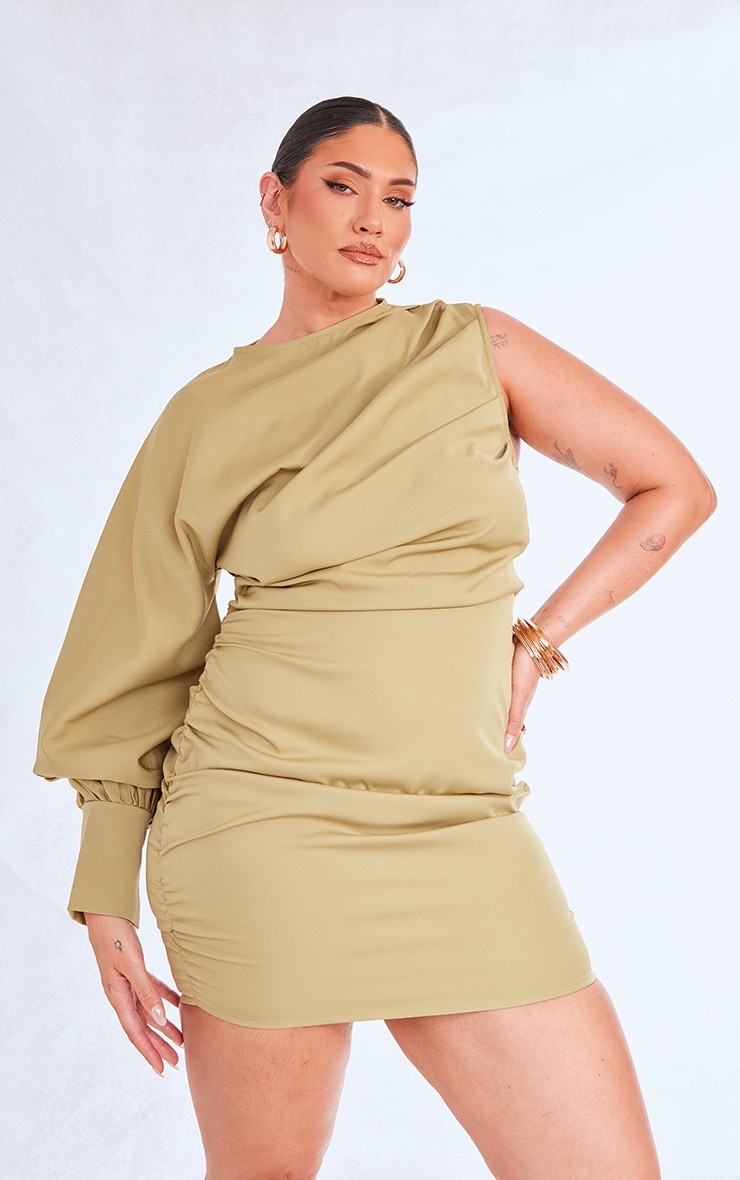 Plus Sage Green Asymmetric Ruched Woven Bodycon Dress image 1