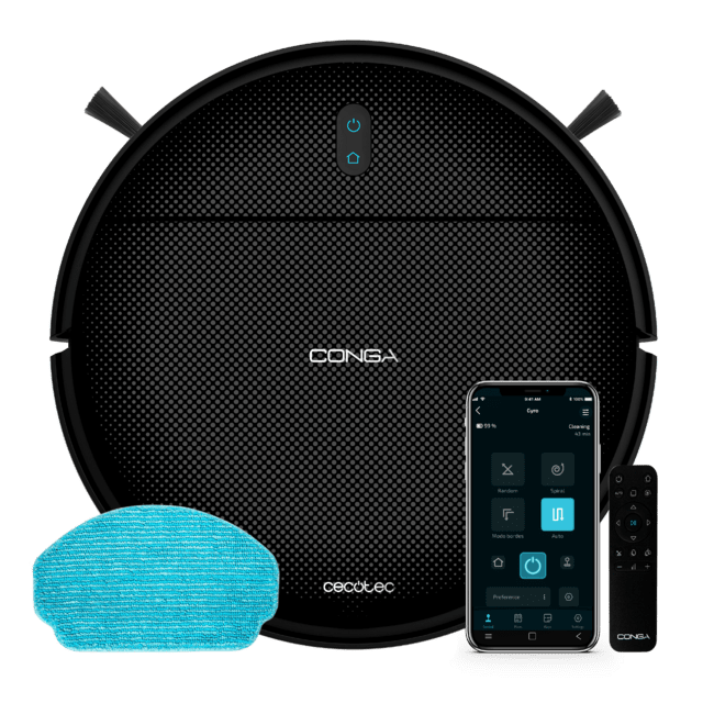 Conga 999 Origin Genesis robot vacuum cleaner with responsive navigation for total home cleaning. Large suction mouth with 1000 Pa power. 2 side brushes. 120 minutes of autonomy. 6 cleaning programs. Control with APP and remote control. 2.4 GHz Wi-Fi and Bluetooth connectivity. Mop mop. Final floor drying phase.