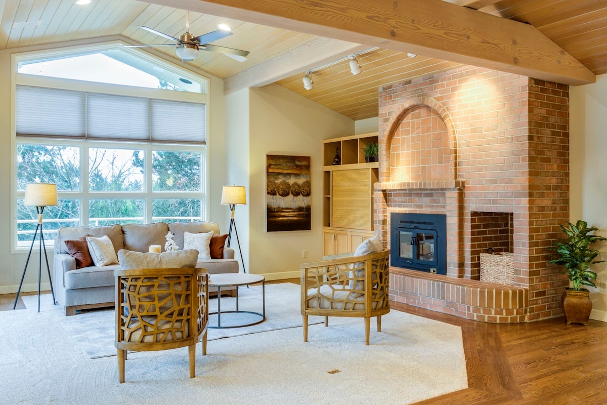 Neutral living room with a fireplace