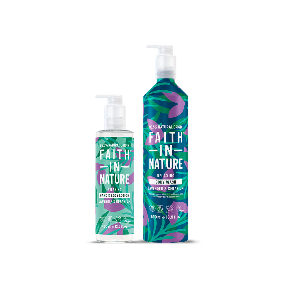 Faith In Nature Lavender and Geranium aluminium body wash and lotion set