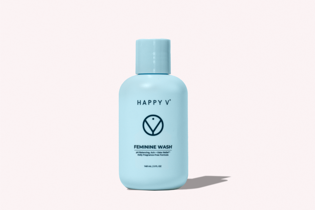 Happy V Feminine Wash bottle on a neutral background