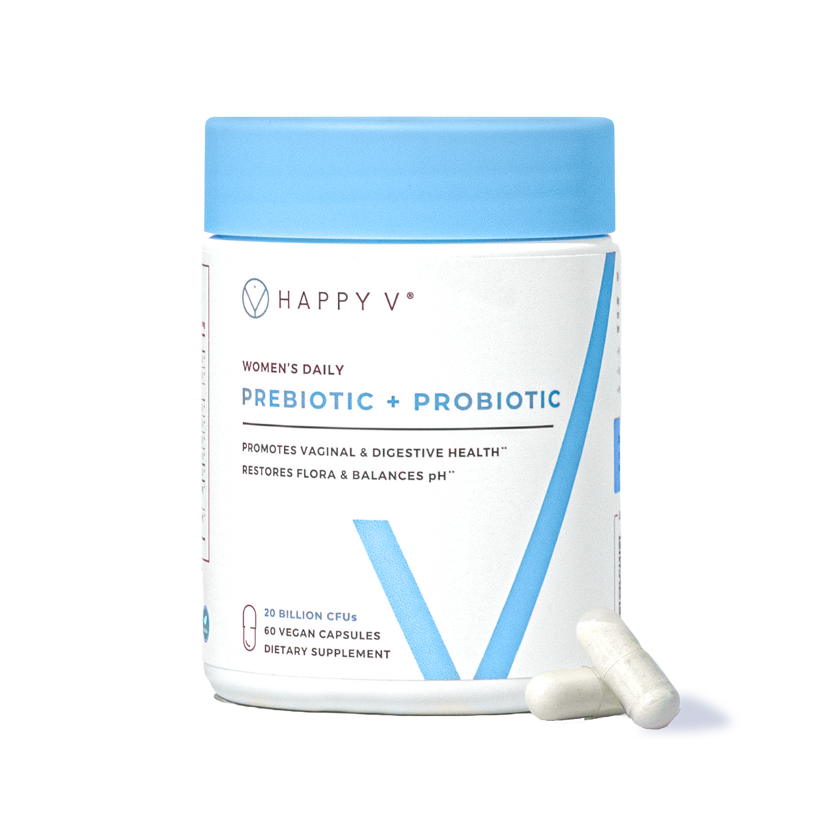 Happy V Prebiotic plus Probiotic bottle with capsules