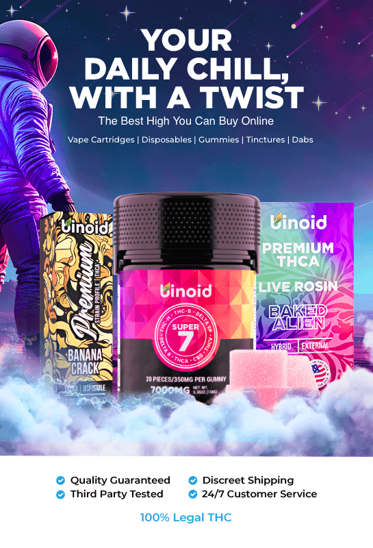 Binoid promotional banner showing gummies and disposable products