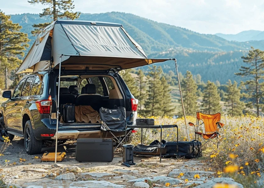 SUV sur un site de camping utilisant une solution d'énergie EcoFlow