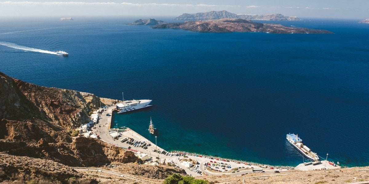 Athinios port and coastline on Santorini