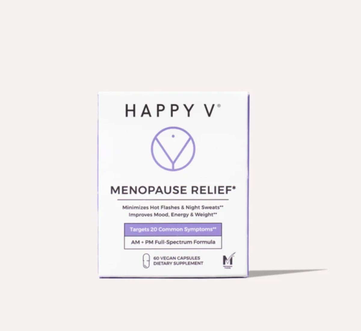 Happy V Menopause Relief AM + PM supplement box on a gray background