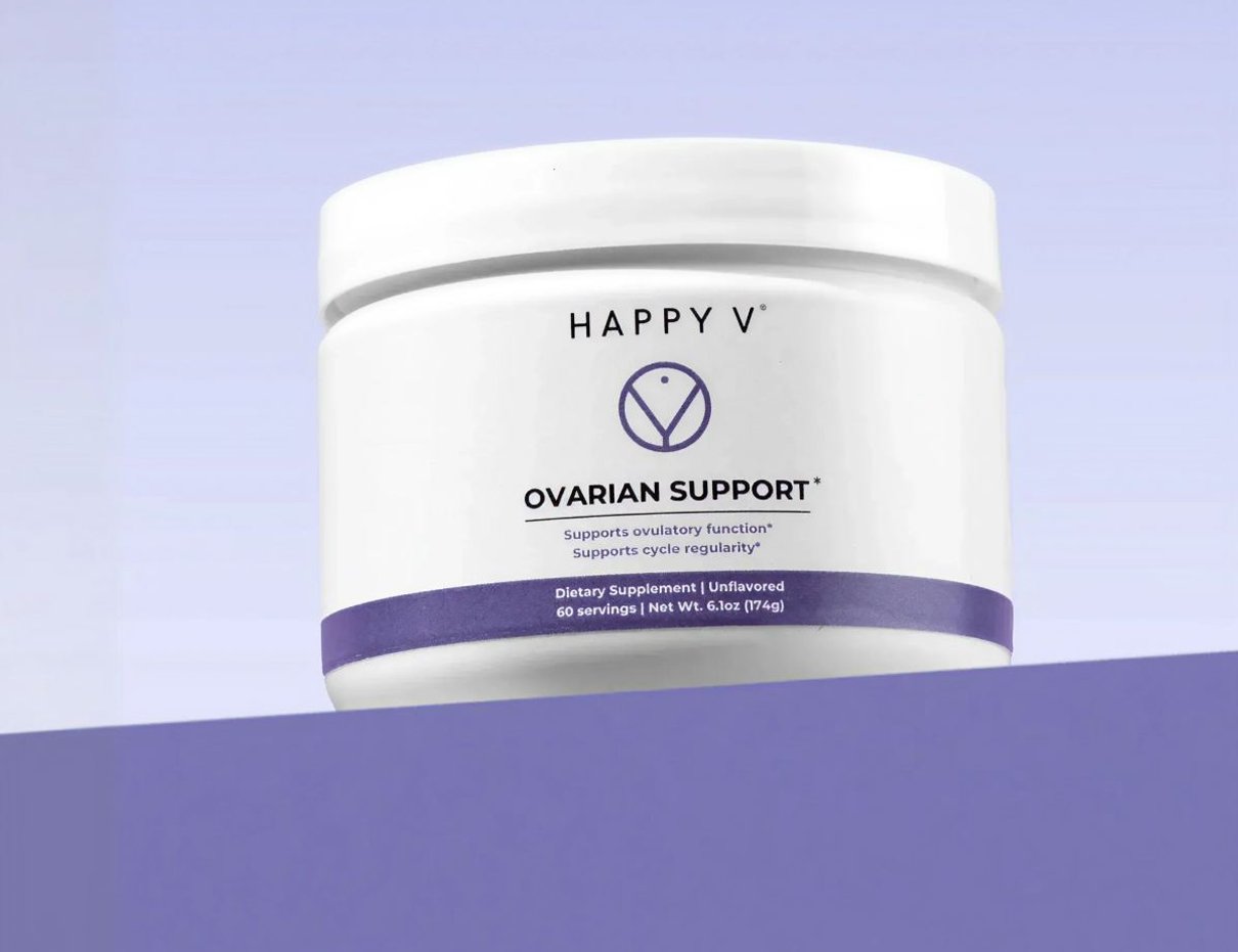 Happy V Ovarian Support supplement tub on a lavender background