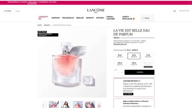Oficjalna strona produktu La Vie Est Belle Eau de Parfum z ujęciem flakonu