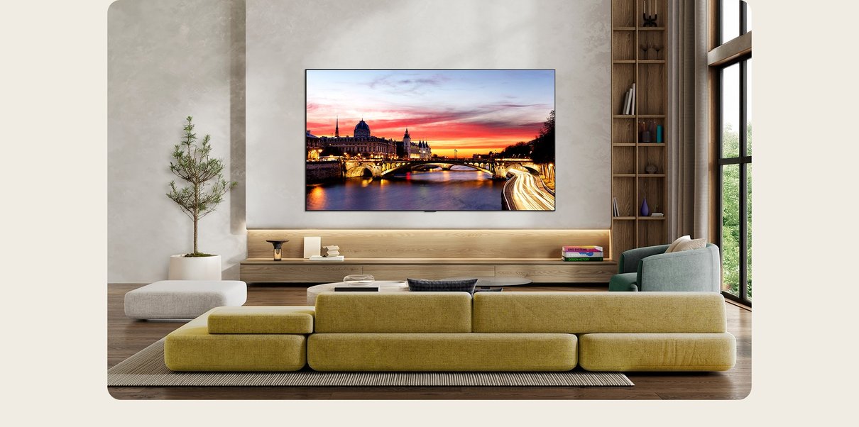 Televisor LG OLED evo montado en una sala de estar