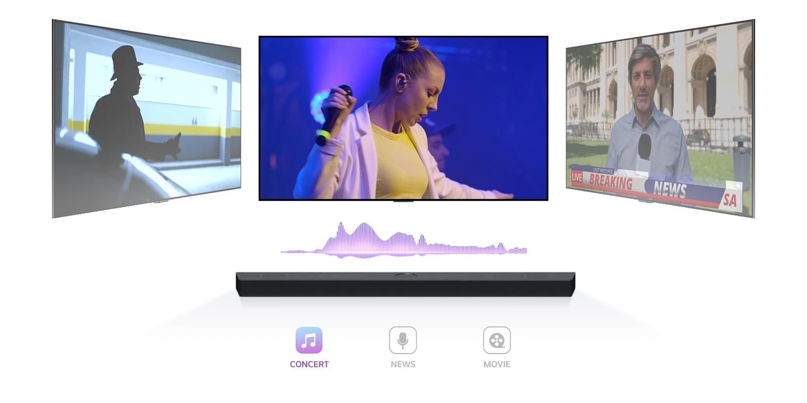 Barra de sonido LG S40T acompañada de escenas visuales de audio