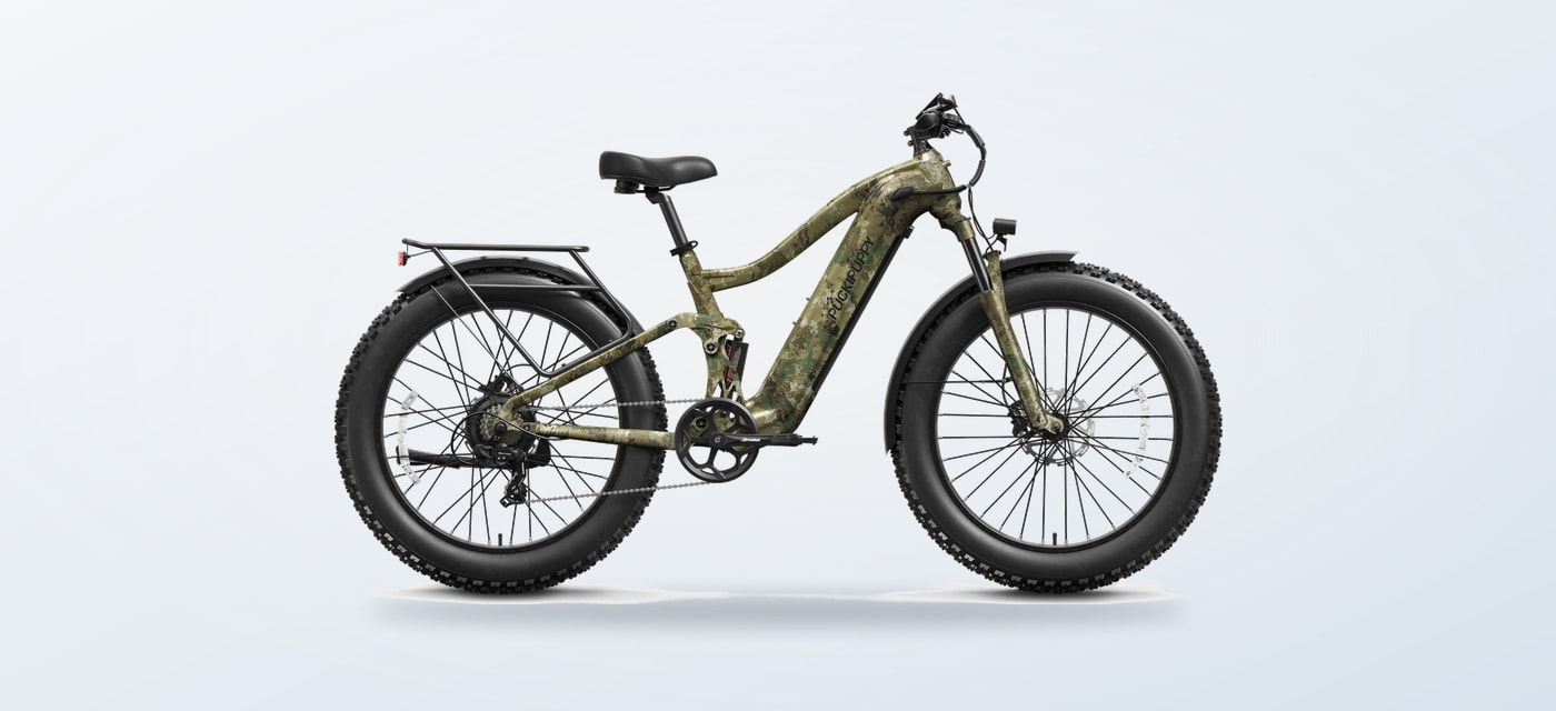 Puckipuppy Boxer fat tire electric bike in forest camouflage