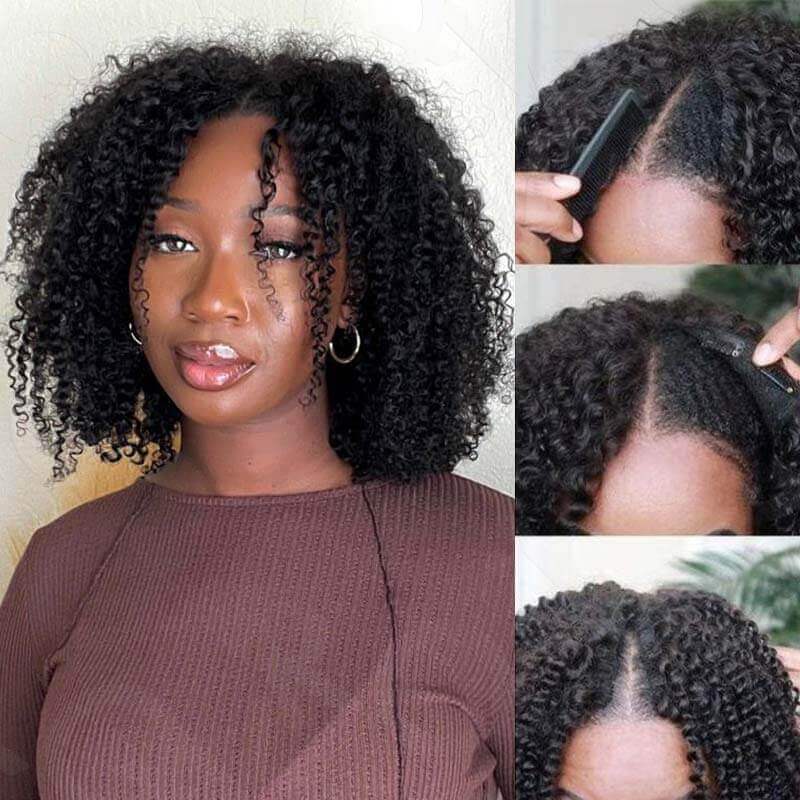 QVR kinky curly V part human hair wig