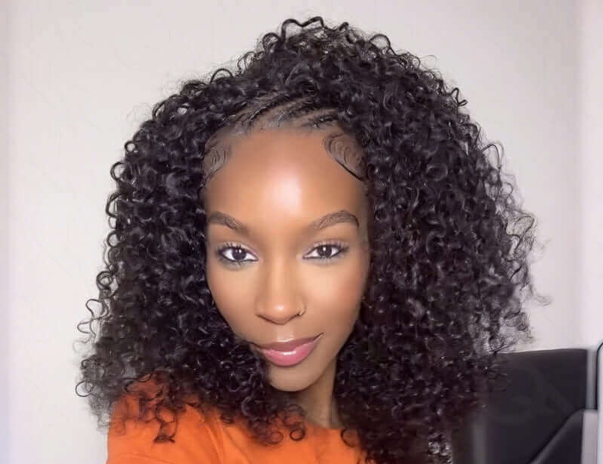 QVR twist curly glueless half wig styled on a model