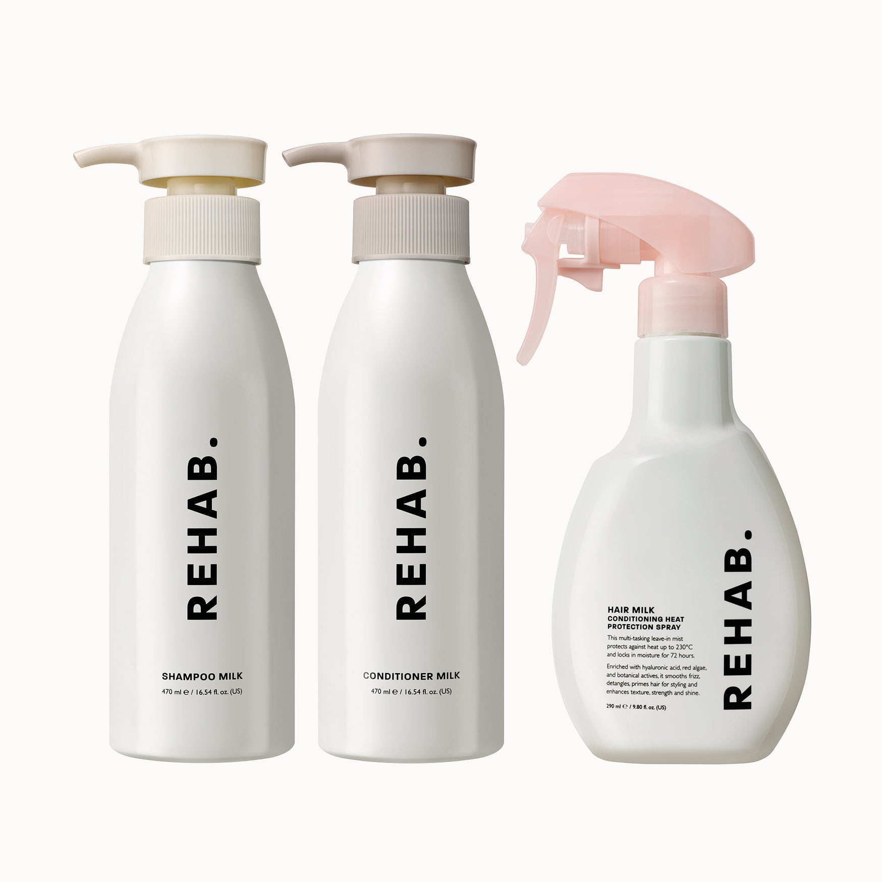 REHAB Your Hair Shampoo Milk, Conditioner Milk and Hair Milk bottles arranged together
