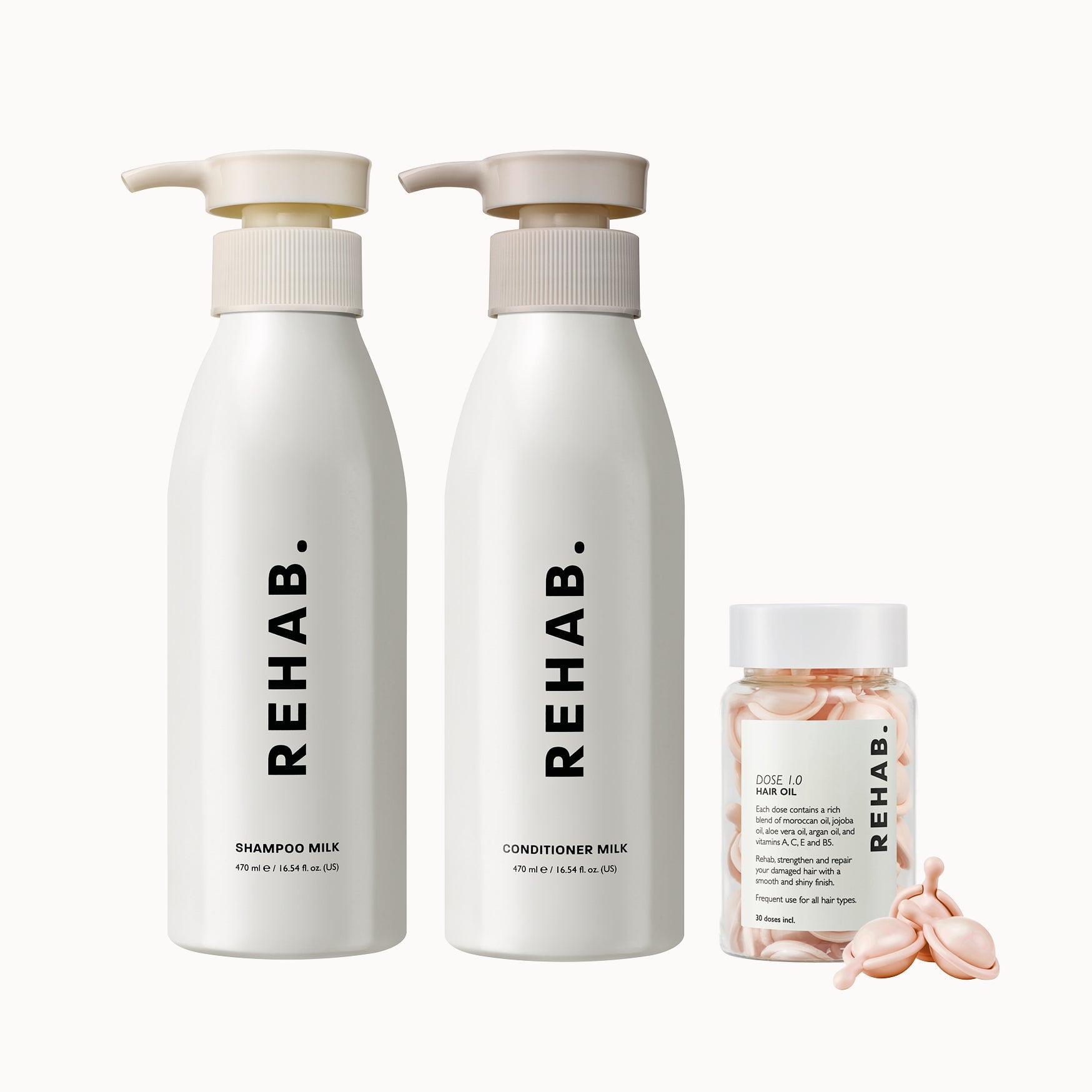 REHAB Your Hair wash products with shampoo, conditioner and Dose 1.0 Hair Oil