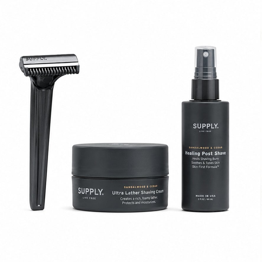 Supply Single Edge Shave Set with sandalwood cedar grooming products