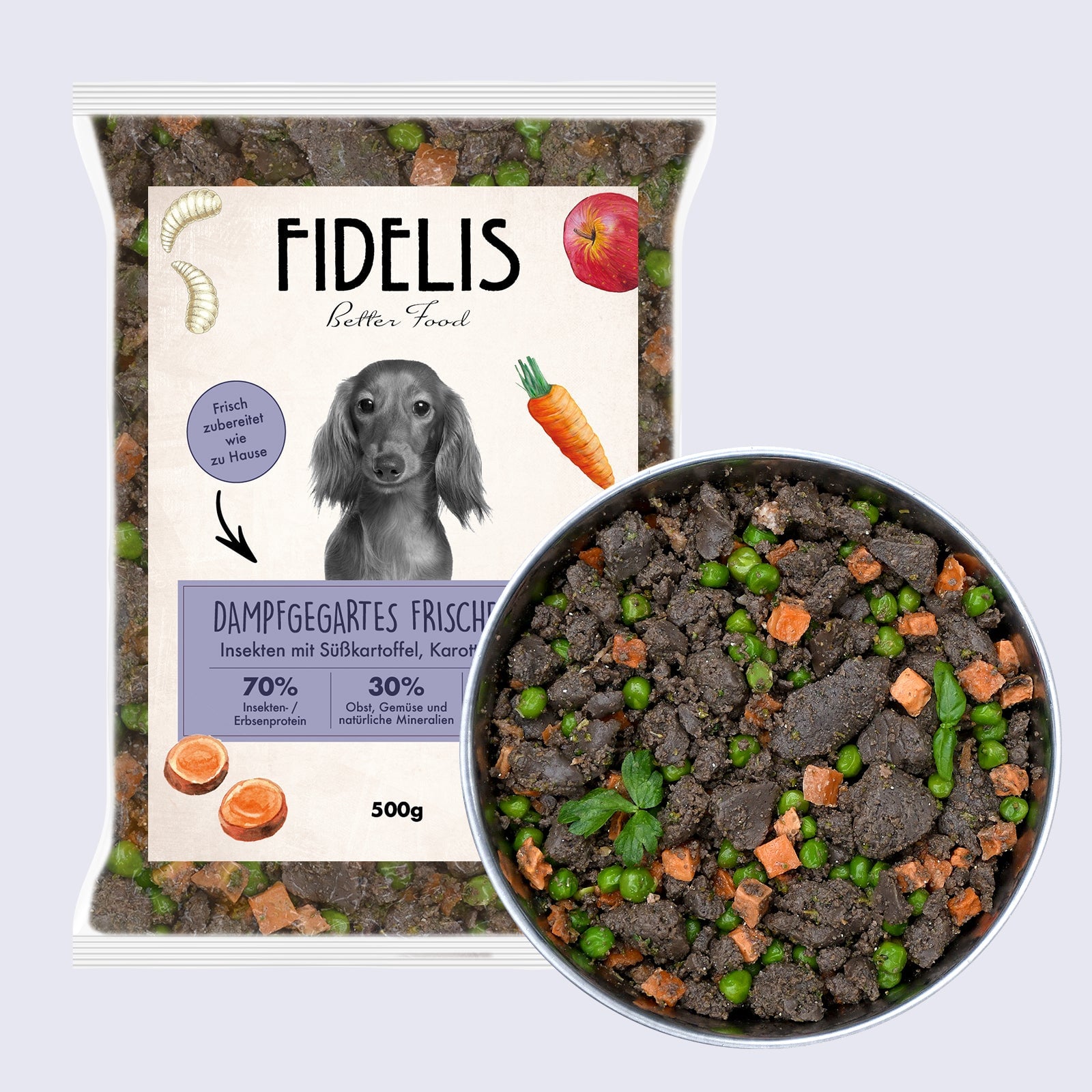 Gefrorenes Fidelis Insekten-Menü mit Süßkartoffel, Karotte und Apfel