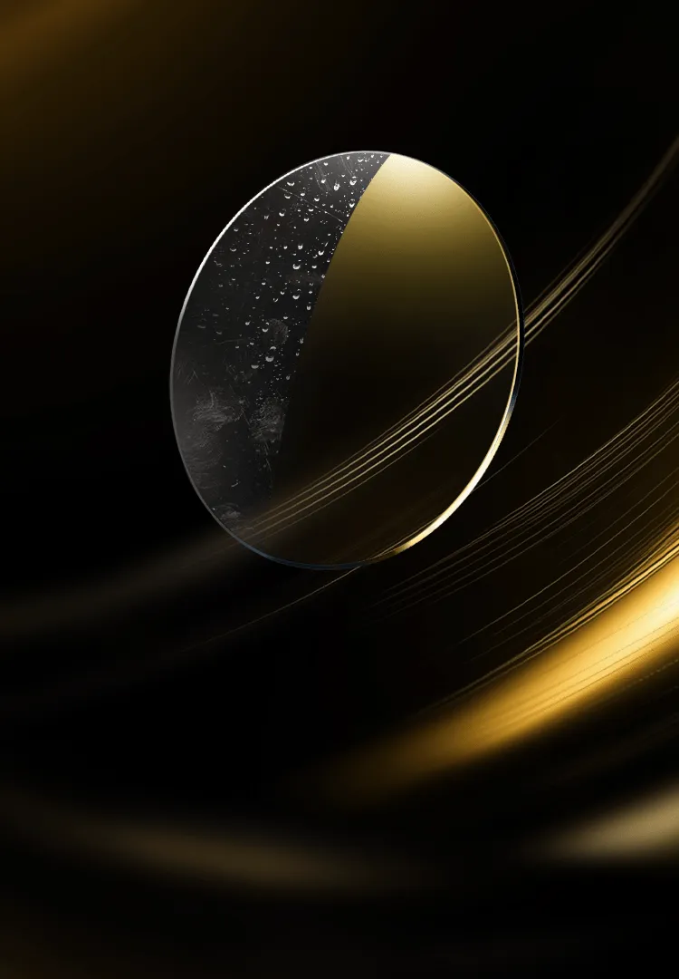 A close-up illustration of a coated eyeglass lens with droplets
