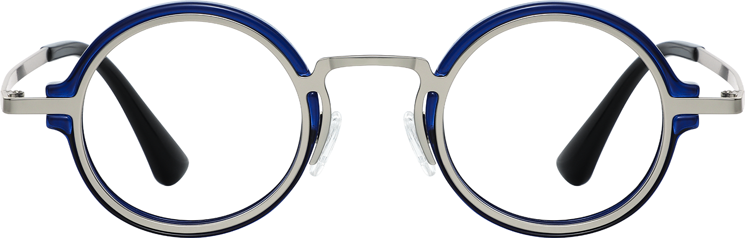 Round eyeglasses with blue and silver accents