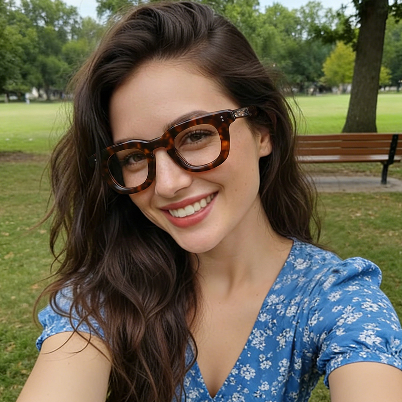 Woman wearing tortoise glasses in a lifestyle scene