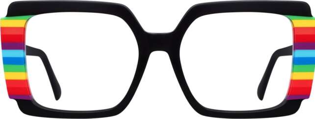 Multicolored full-rim eyeglasses shown from the front