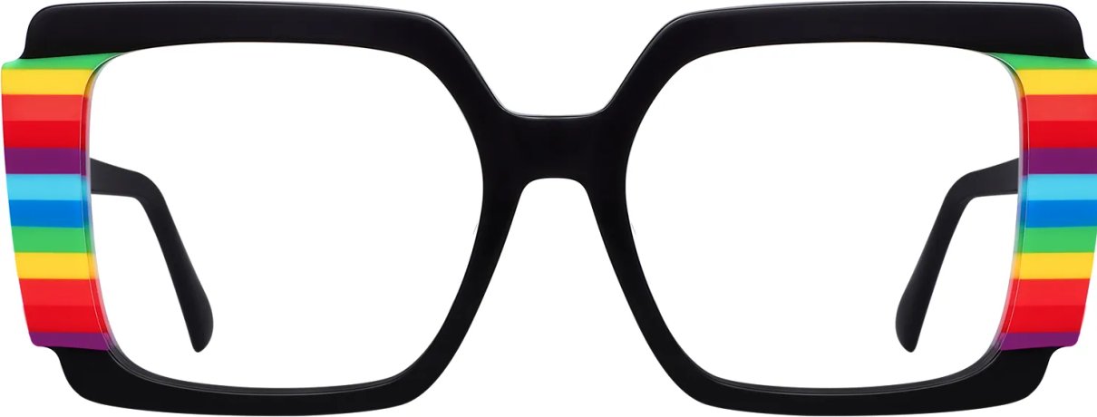 Multicolored full-rim eyeglasses shown from the front
