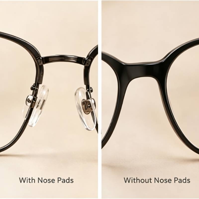 Eyeglass frames compared with and without nose pads