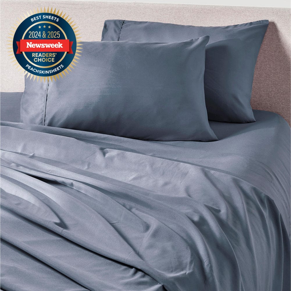 French Blue PeachSkinSheets sheet set styled on a bed