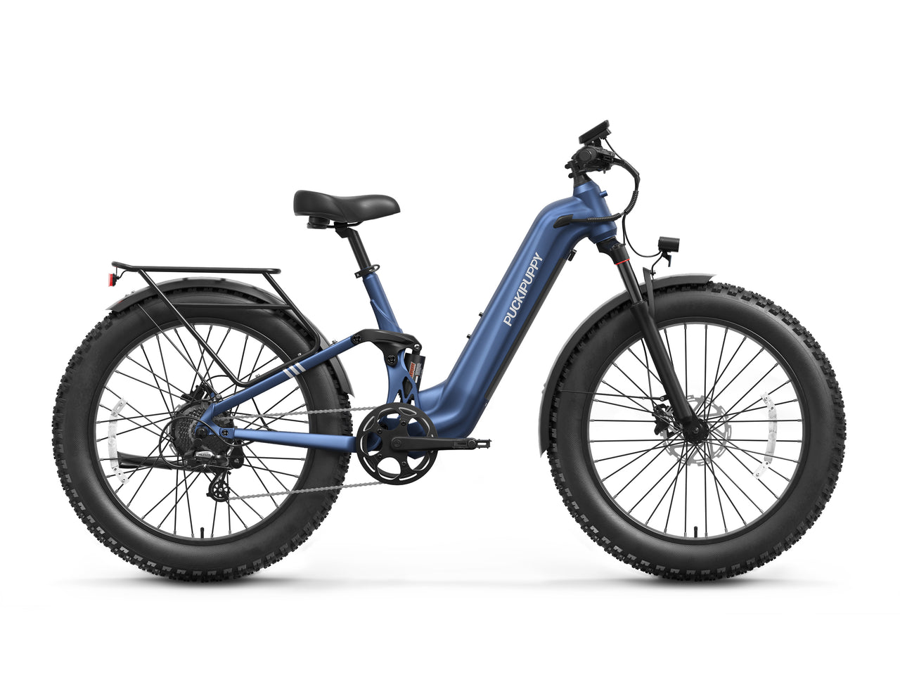 Blue Puckipuppy fat-tire electric bike with a low step-through frame
