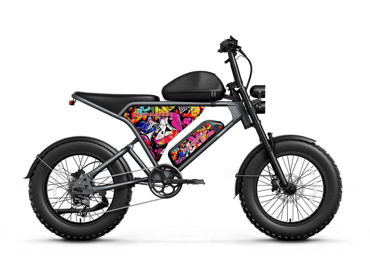 Schnauzer moped-style electric bike with a colorful frame panel