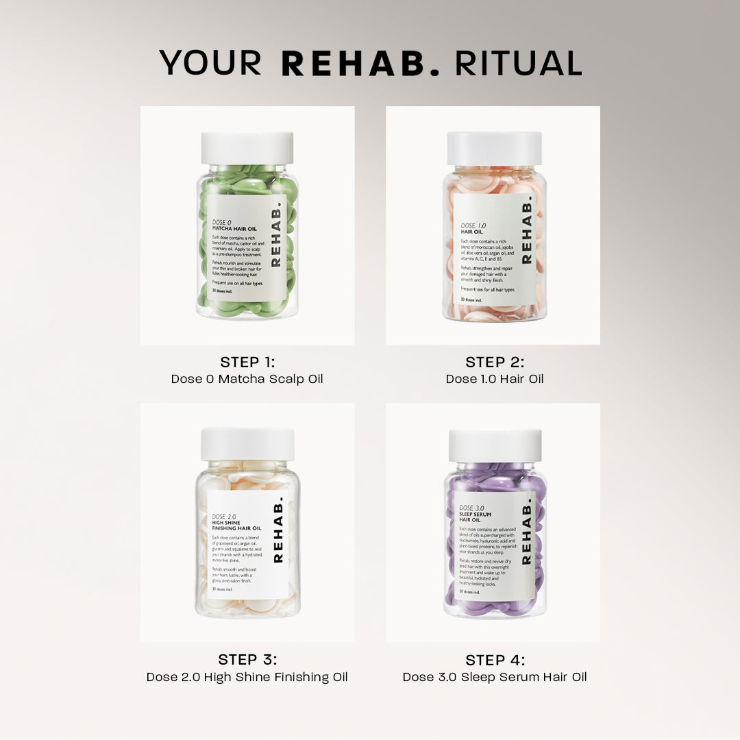 Four REHAB Your Hair Dose ritual products arranged together