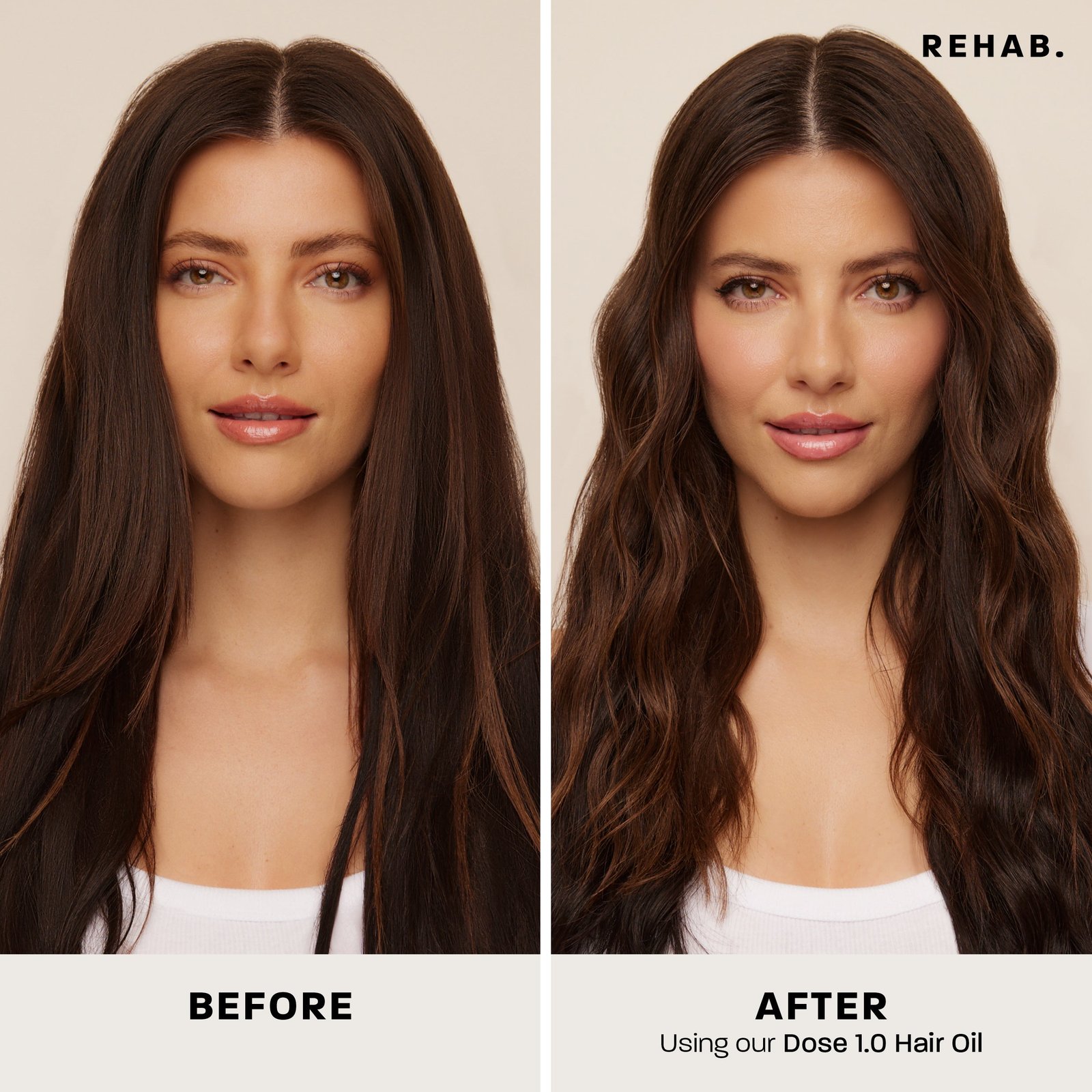 Before and after hair shown in REHAB Your Hair oil imagery