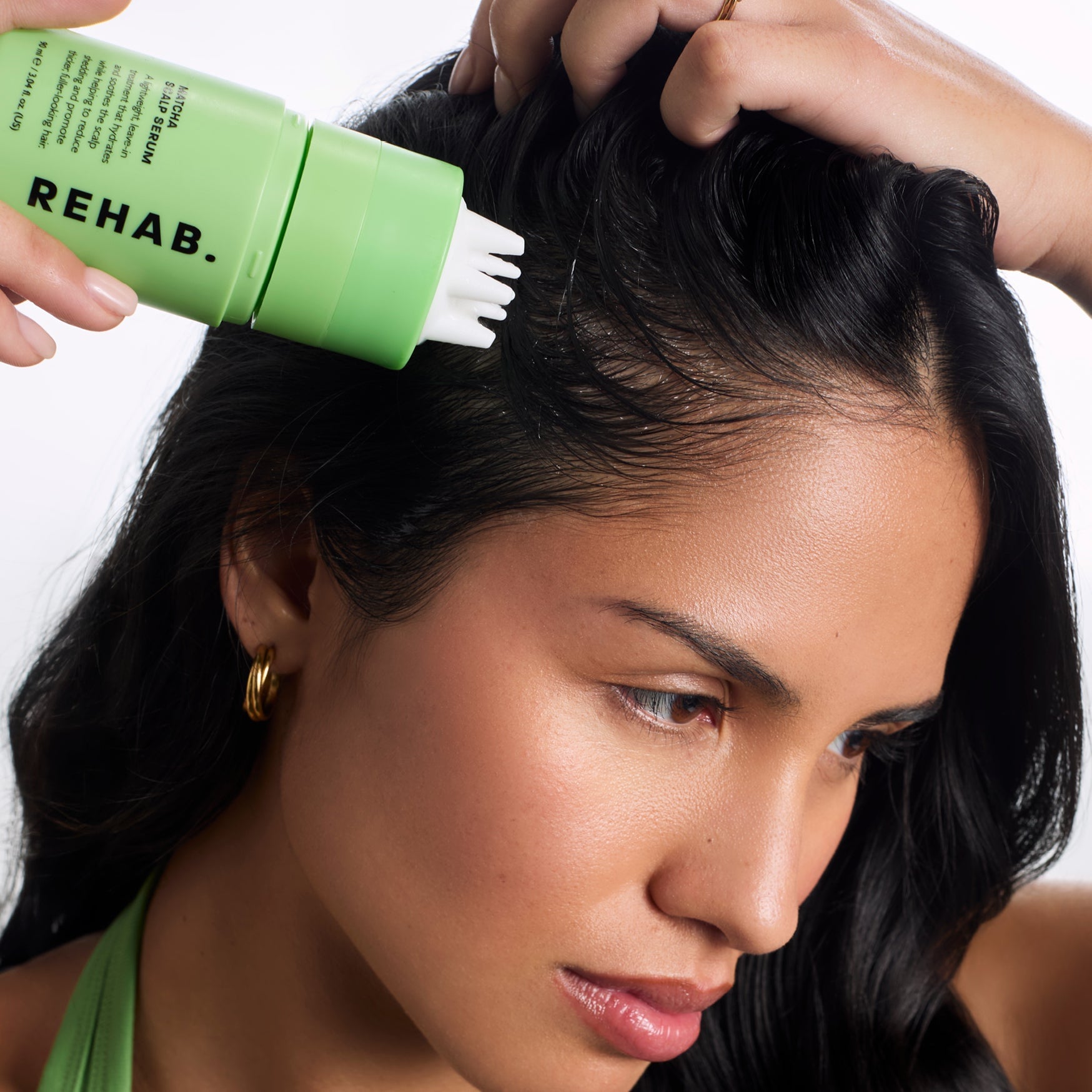 Model using REHAB Matcha Scalp Serum