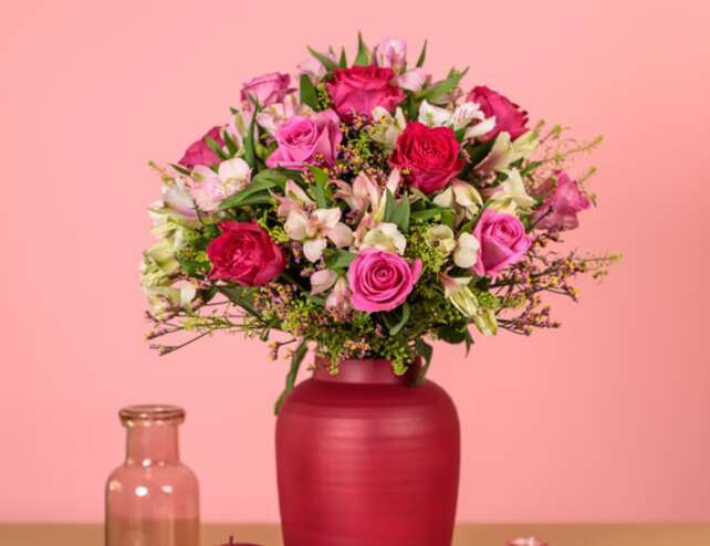 Floral Confetti bouquet with pink roses and delicate blooms