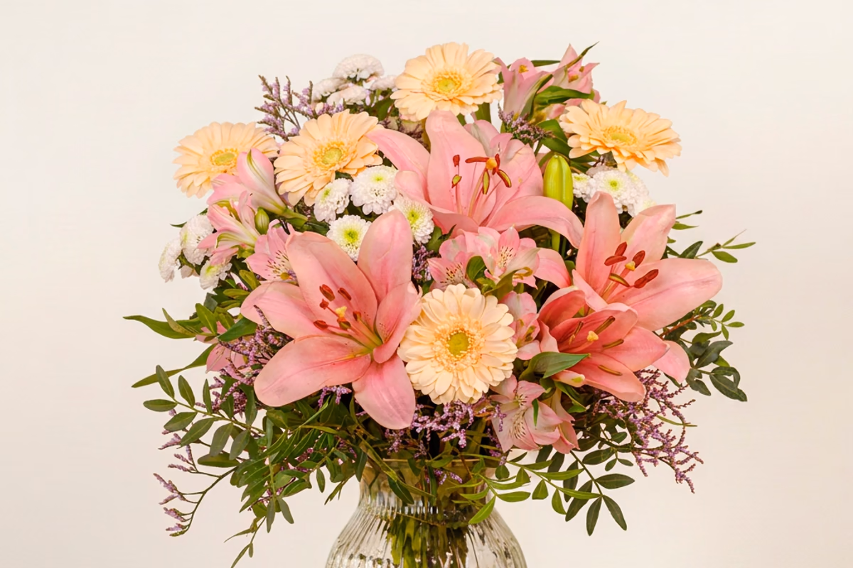 Joyful Wishes bouquet with lilies, germinis and alstroemerias