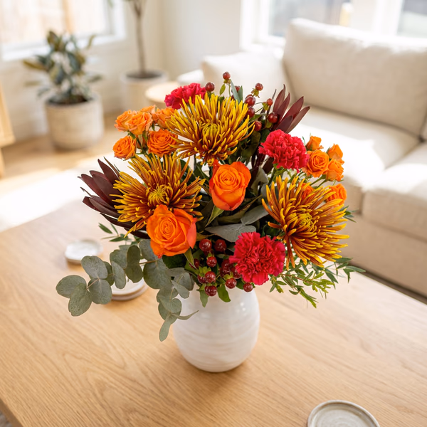 Mellow Autumn bouquet with roses, chrysanthemums and eucalyptus