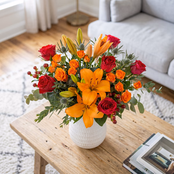 Wild Harvest bouquet with orange lilies and red roses