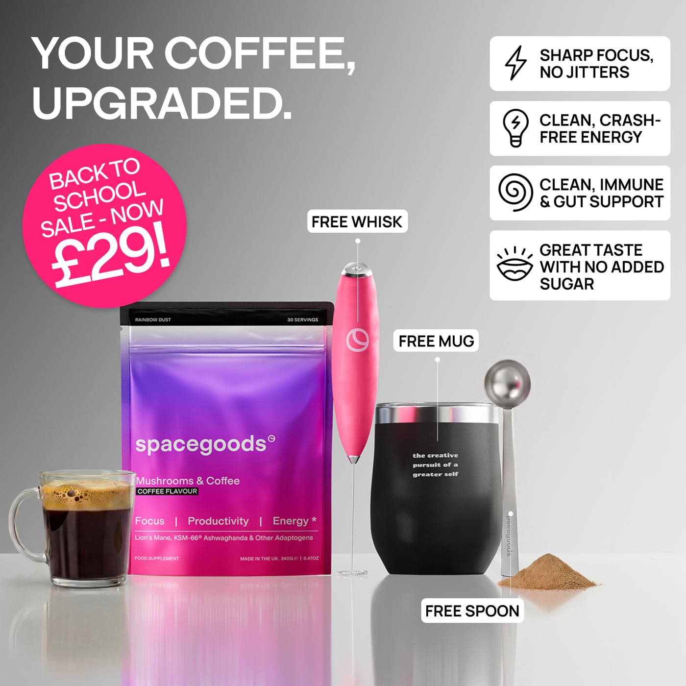 Rainbow Dust coffee-flavour pouch with a mug, frother and spoon