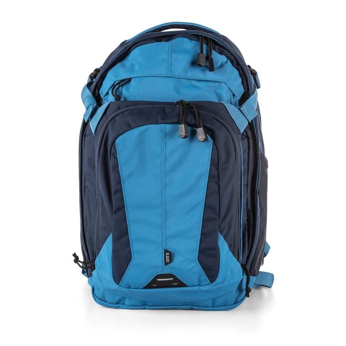 Blue and navy tactical backpack with front panel pockets